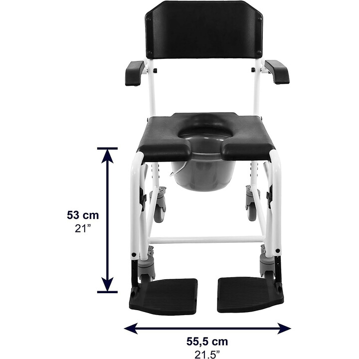 Brusestol til seniorer med hjul, sæde og justerbar højde, pytyllä ja säädettävällä korkeudella