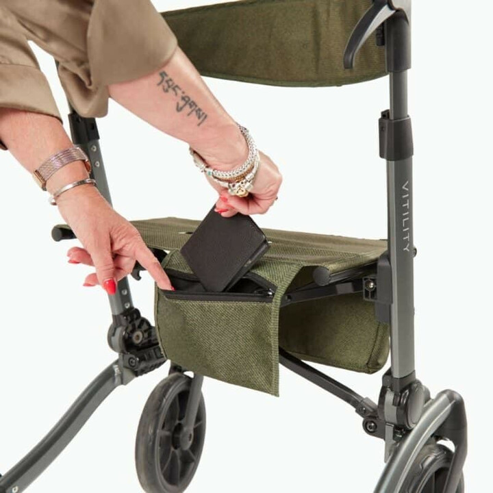 Grøn rollator, ergonomisk og kompakt, ergonominen ja kompakti