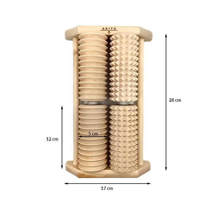 Kaksirivinen neljän rullan puinen jalkahierontalaite