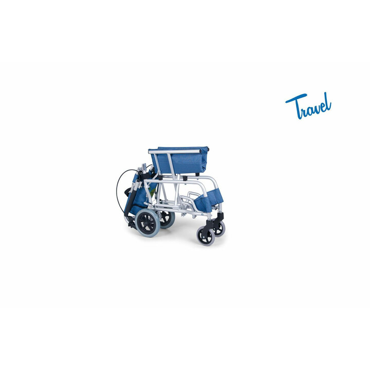 Kevyt alumiininen kokoontaittuva matkustuspyörätuoli kantapääpidikkeellä ja taskulla