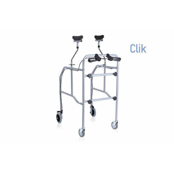 Säädettävä purettava kävelyteline kromiteräksestä neljällä pyörällä ja jarruilla