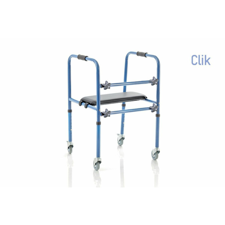 Sininen alumiininen kävelyteline säädettävällä korkeudella ja istuimella