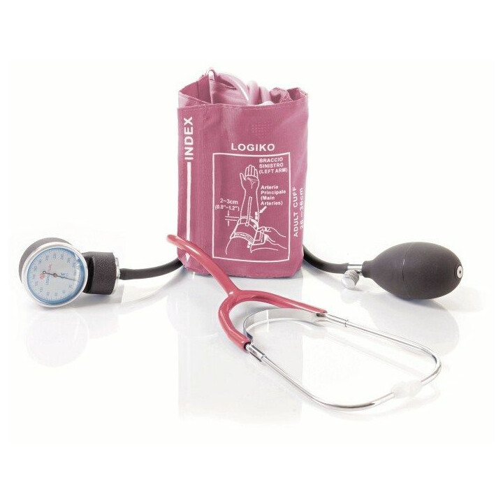 Punainen aneroidinen verenpainemittari stetoskoopilla ammattikäyttöön ja kotiin
