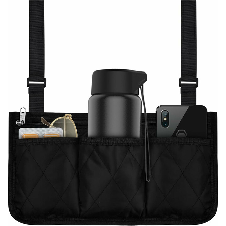 Kørestolsopbevaringspose med flere lommer og justerbar fastgørelse