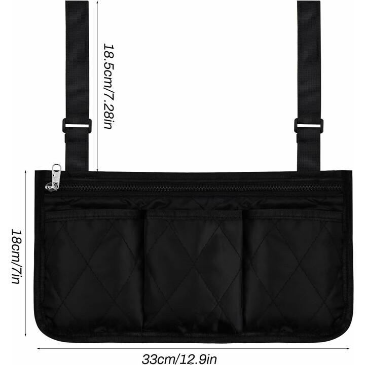 Kørestolsopbevaringspose med flere lommer og justerbar fastgørelse