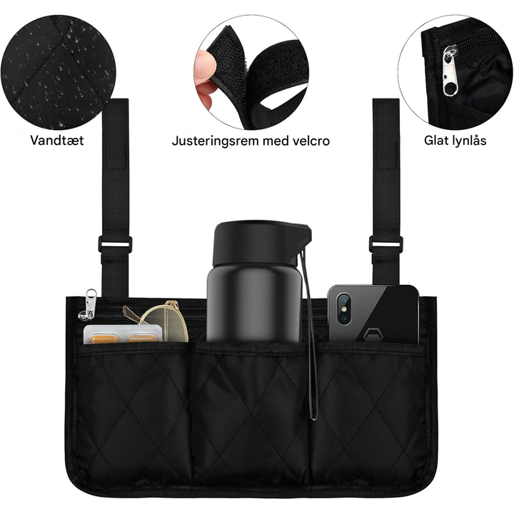 Kørestolsopbevaringspose med flere lommer og justerbar fastgørelse