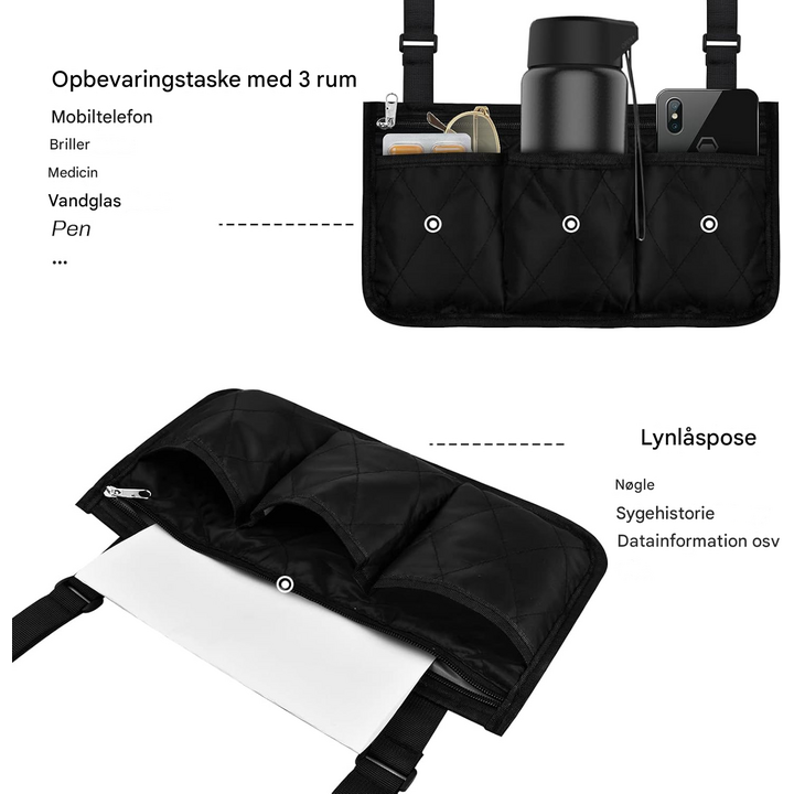 Kørestolsopbevaringspose med flere lommer og justerbar fastgørelse