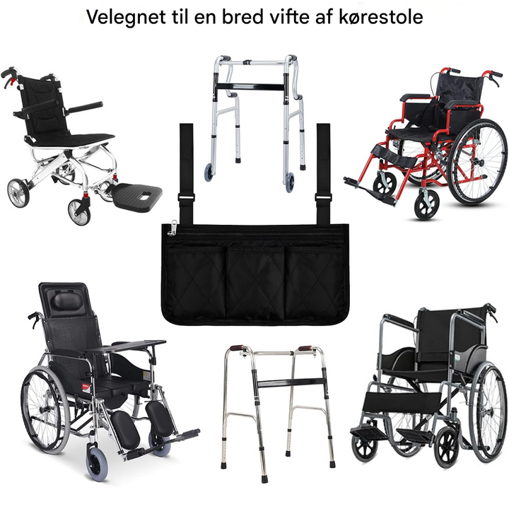 Kørestolsopbevaringspose med flere lommer og justerbar fastgørelse