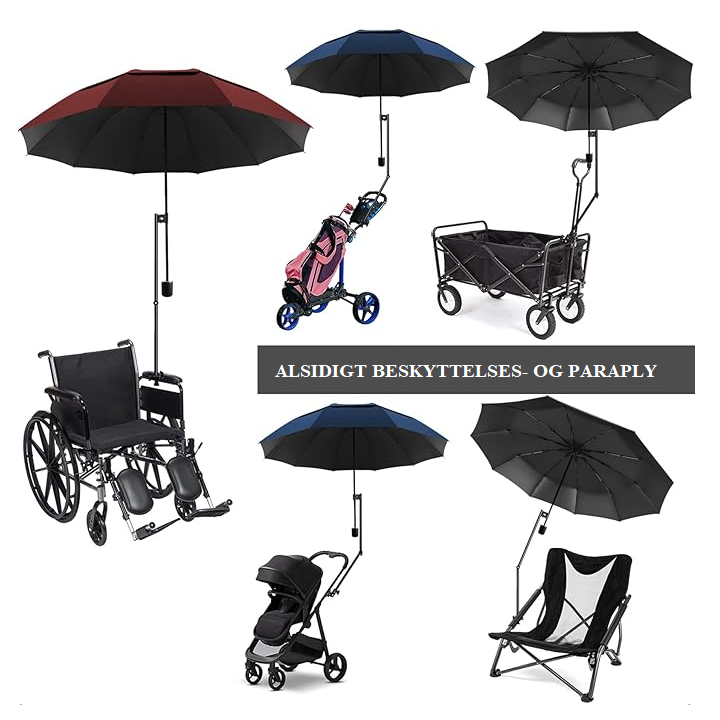Fastgørbar, let paraply til kørestol og rollator til beskyttelse mod sol, regn og sne