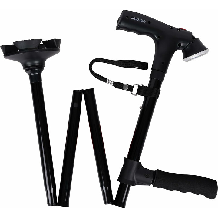 Gåstok med LED-lys, alarm og firehovedet sikker base