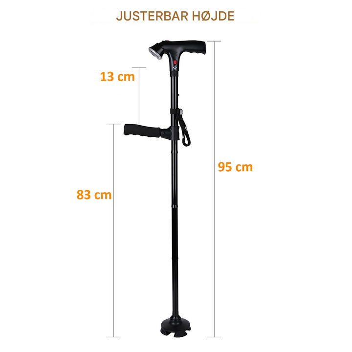 Gåstok med LED-lys, alarm og firehovedet sikker base