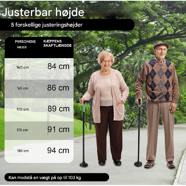 Sammenklappelig stok med LED-lys og alarmfunktion