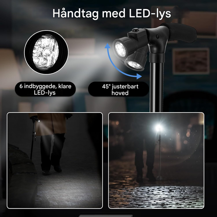 Sammenklappelig stok med LED-lys og alarmfunktion