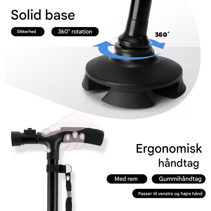 Sammenklappelig stok med LED-lys og alarmfunktion