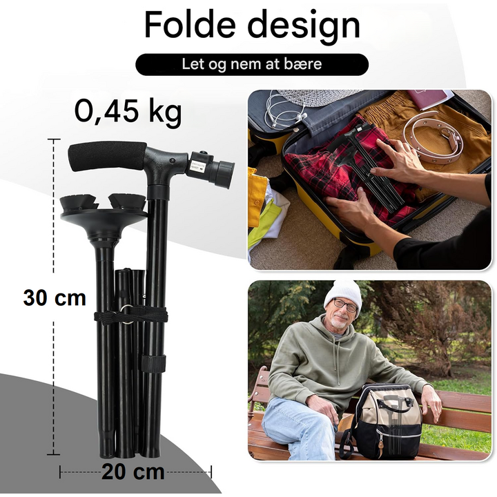 Sammenklappelig stok med LED-lys og alarmfunktion