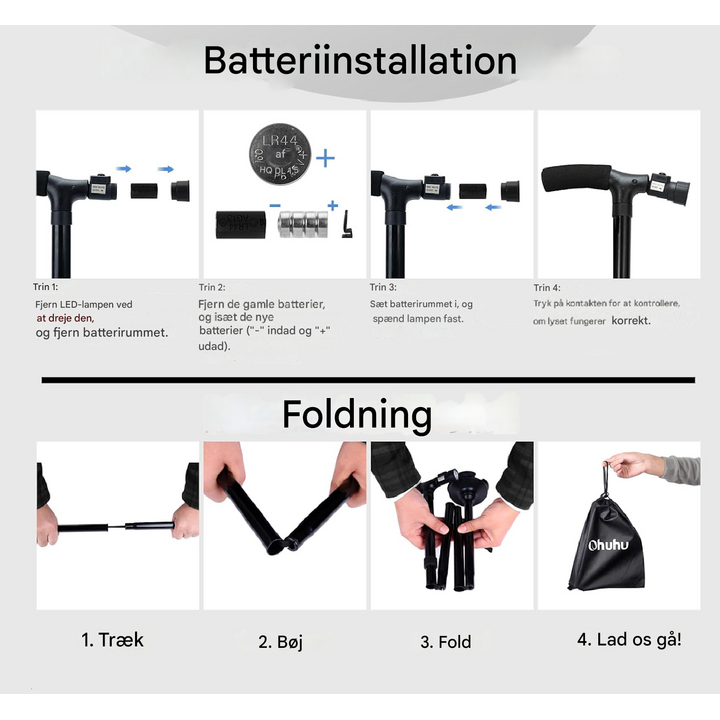 Sammenklappelig stok med LED-lys og alarmfunktion