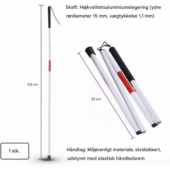 Hvid, reflekterende gåstav til svagsynede, sammenklappelig