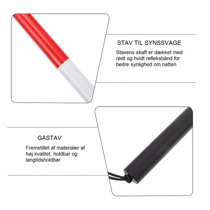 Hvid, reflekterende gåstav til svagsynede, sammenklappelig