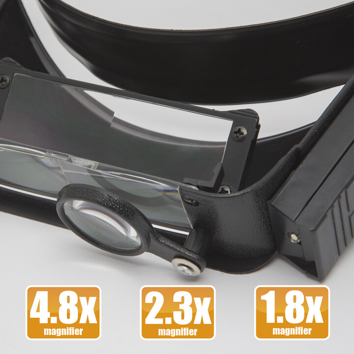 Forstørrelsesglas med pandebånd og LED-belysning