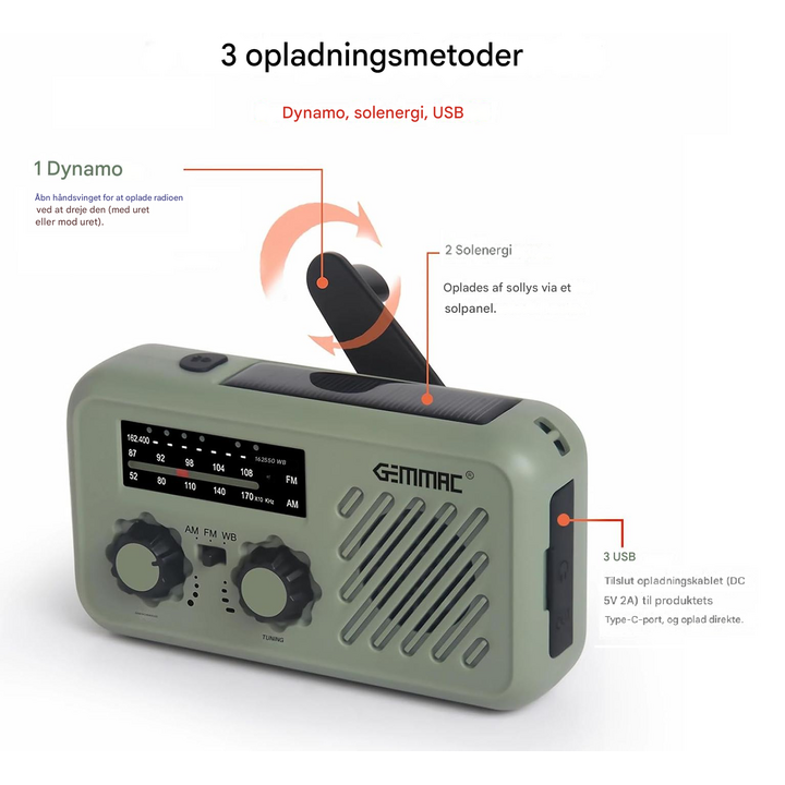 Multifunktionel nødradio med powerbank, lommelygte og håndsving