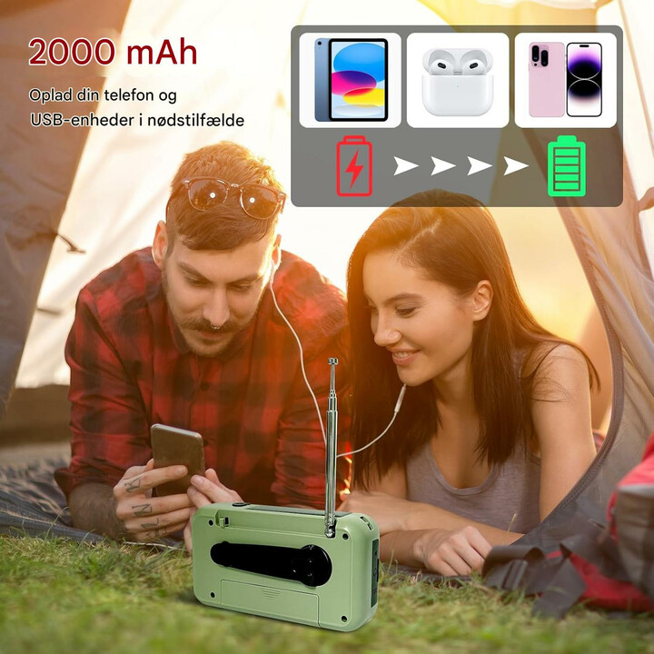 Multifunktionel nødradio med powerbank, lommelygte og håndsving