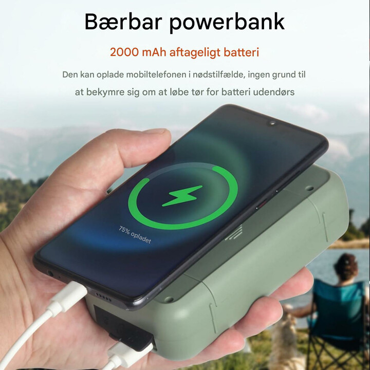 Multifunktionel nødradio med powerbank, lommelygte og håndsving