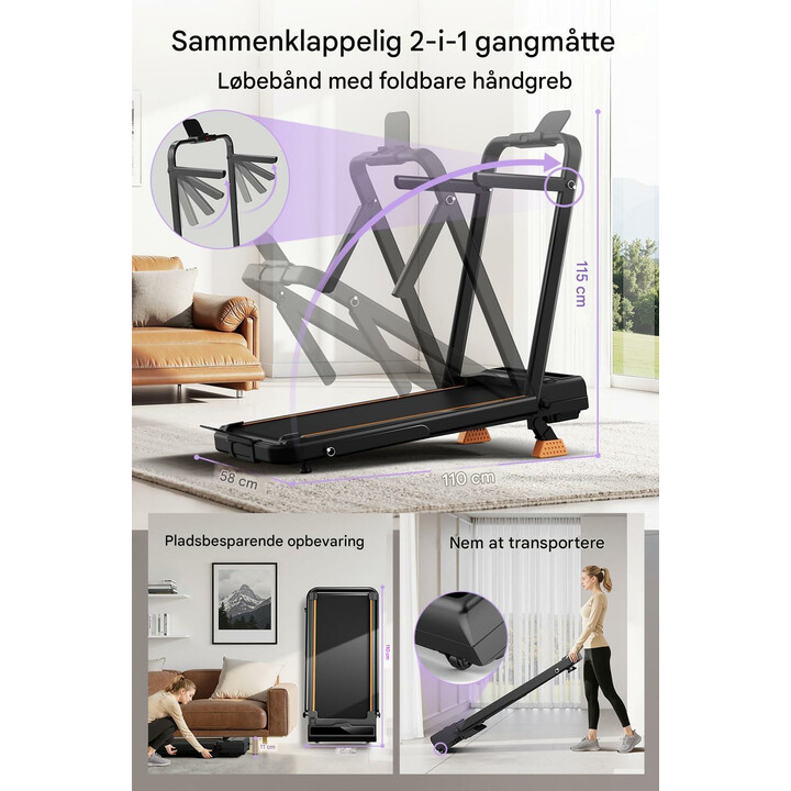 Sammenklappeligt gåbånd med håndtag og hældningsjustering