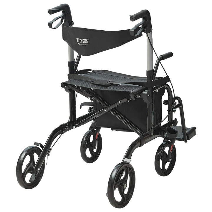 2 i 1 rollator og transportstol sort aluminiumsramme b reevne 136 kg 8 tommer forhjul 10 tommer baghjul sammenklappelig