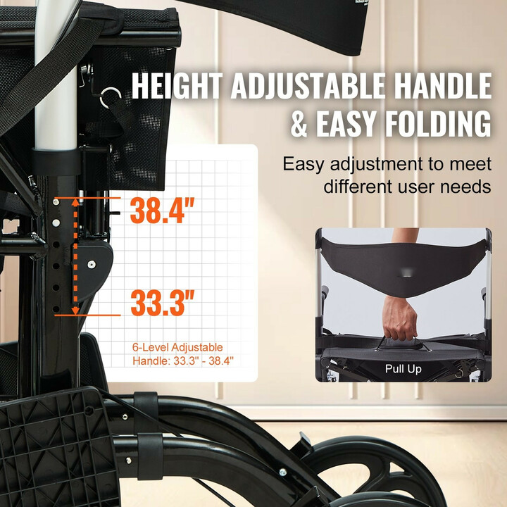 2-in-1 rollaattori ja kuljetustuoli, taitettava, alumiinia, kantavuus 136 kg, musta