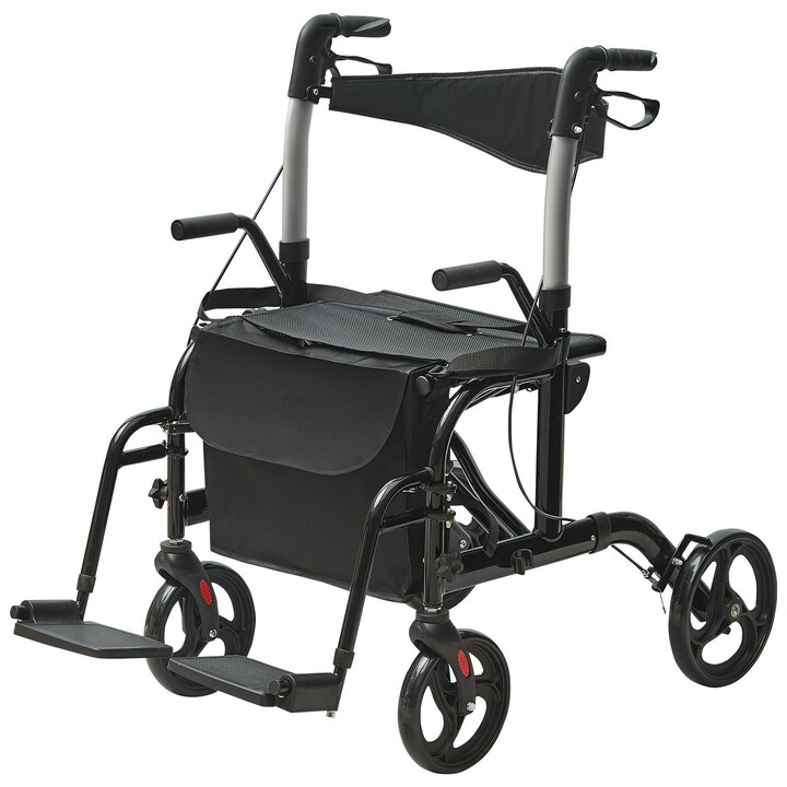 2-in-1 rollaattori ja kuljetustuoli, taitettava, alumiinia, kantavuus 136 kg, musta