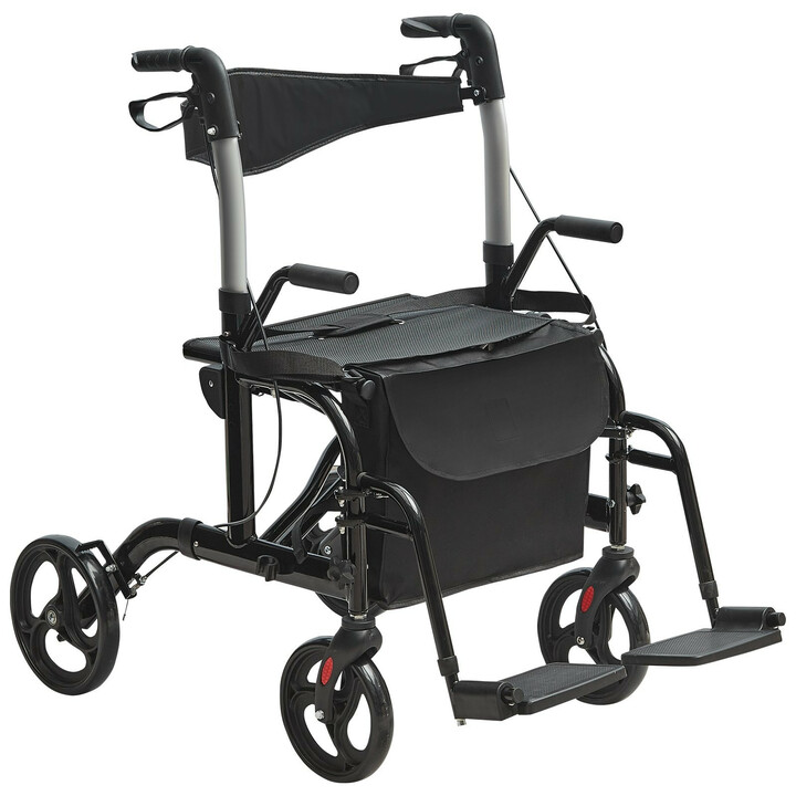 2-in-1 rollaattori ja kuljetustuoli, taitettava, alumiinia, kantavuus 136 kg, musta