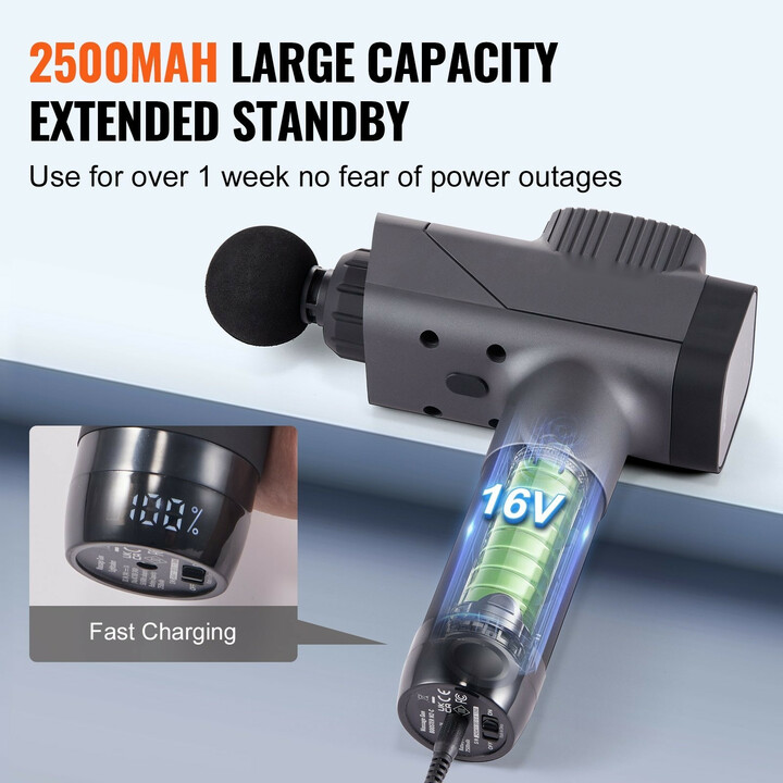 BOOSTER M2-C käsikäyttöinen lihashierontalaite, syväkudoshieronta, 8 nopeutta, 6 hierontapäätä, 16V 2500mAh akku