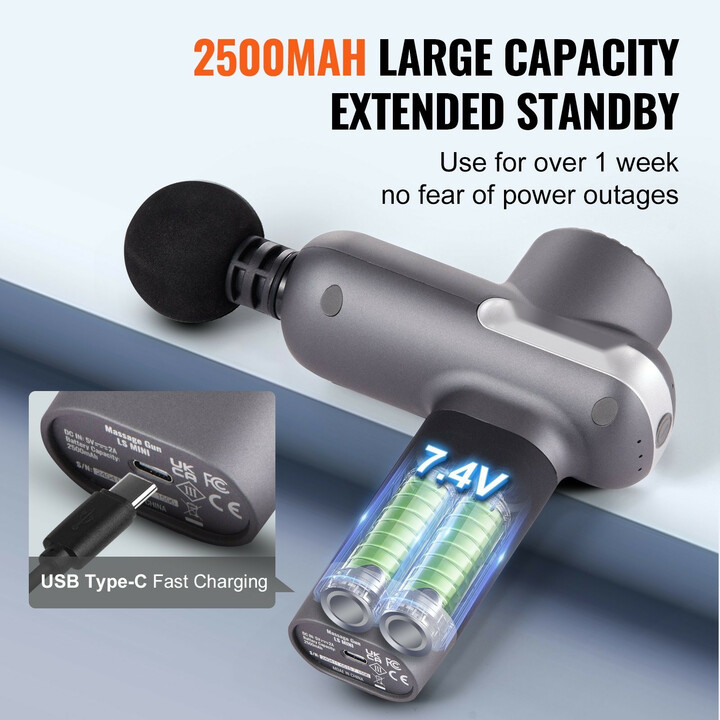 Mini hierontavasara LS MINI, lihashierontalaite urheilijoille, 5 nopeutta, 6 hierontapäätä, 7.4V 2500mAh akku