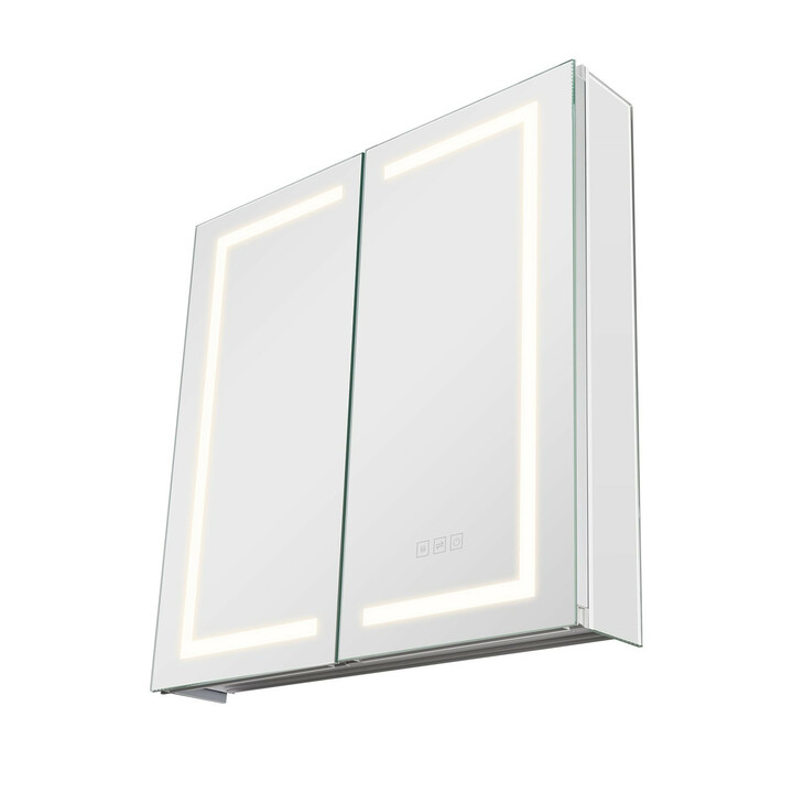 LED lyseskab med spejl til badev relse 65 x 65 cm CAD 304 d mpbart 3 farvetemperaturer afrimning justerbare hylder