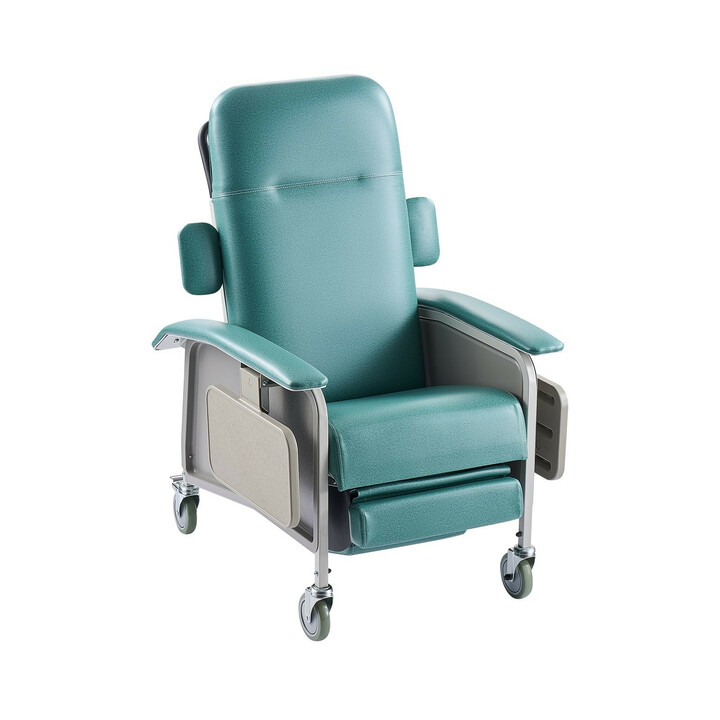 Geriatrinen lepotuoli D577-J, 4-asentoinen Trendelenburg-selkänoja, pehmustettu, 4 pyörää ja 2 tarjotinta, valkoinen/vihreä