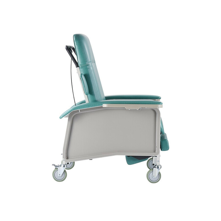 Geriatrinen lepotuoli D577-J, 4-asentoinen Trendelenburg-selkänoja, pehmustettu, 4 pyörää ja 2 tarjotinta, valkoinen/vihreä