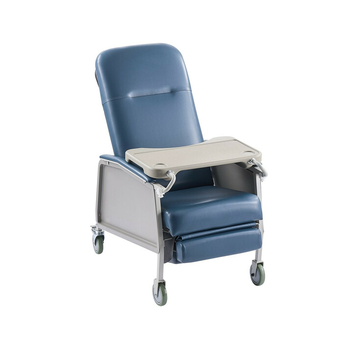 Geriatrinen lepotuoli D574-BR, 3-asentoinen, pyörillä, sininen istuin, irrotettava tarjotin, sairaala- ja hoivakäyttöön