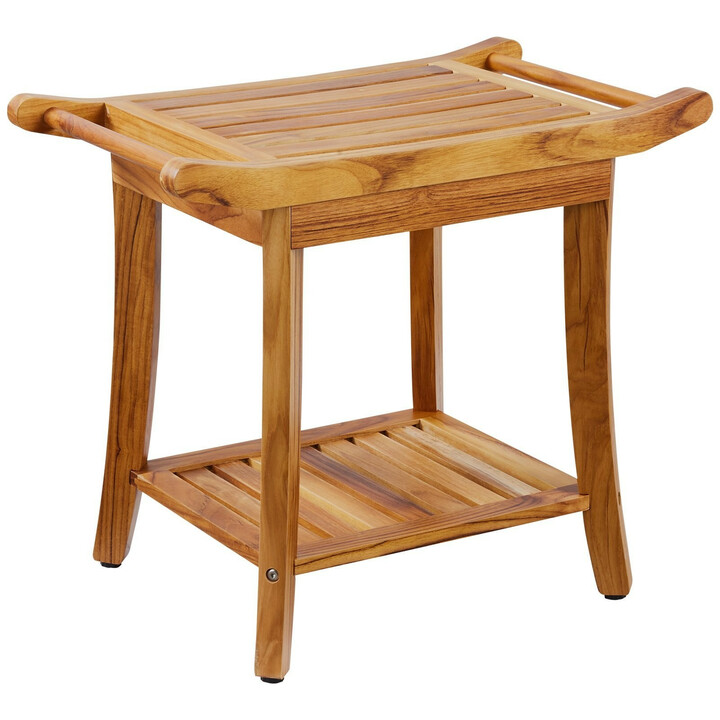 Brusebænk i teak B3503 560 x 365 x 470 mm justerbare skridsikre fødder opbevaringshylde maks. 136 kg