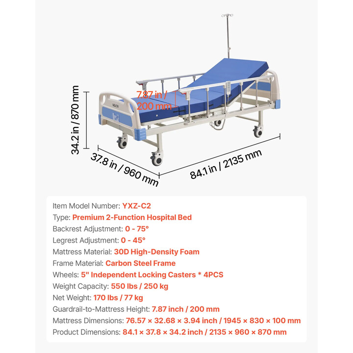 2-funktions fuldelektrisk hospitalsseng 250 kg med madras
