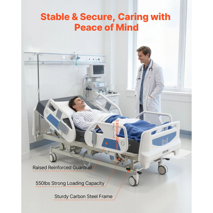 5-funktions fuldelektrisk hospitalsseng 250 kg med Cardiac Chair og HLR-funktion