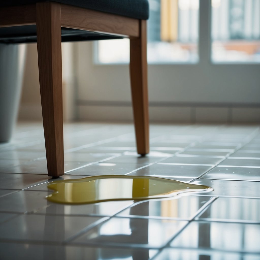 En pøl af urin på et flisegulv med en våd plet på en stol