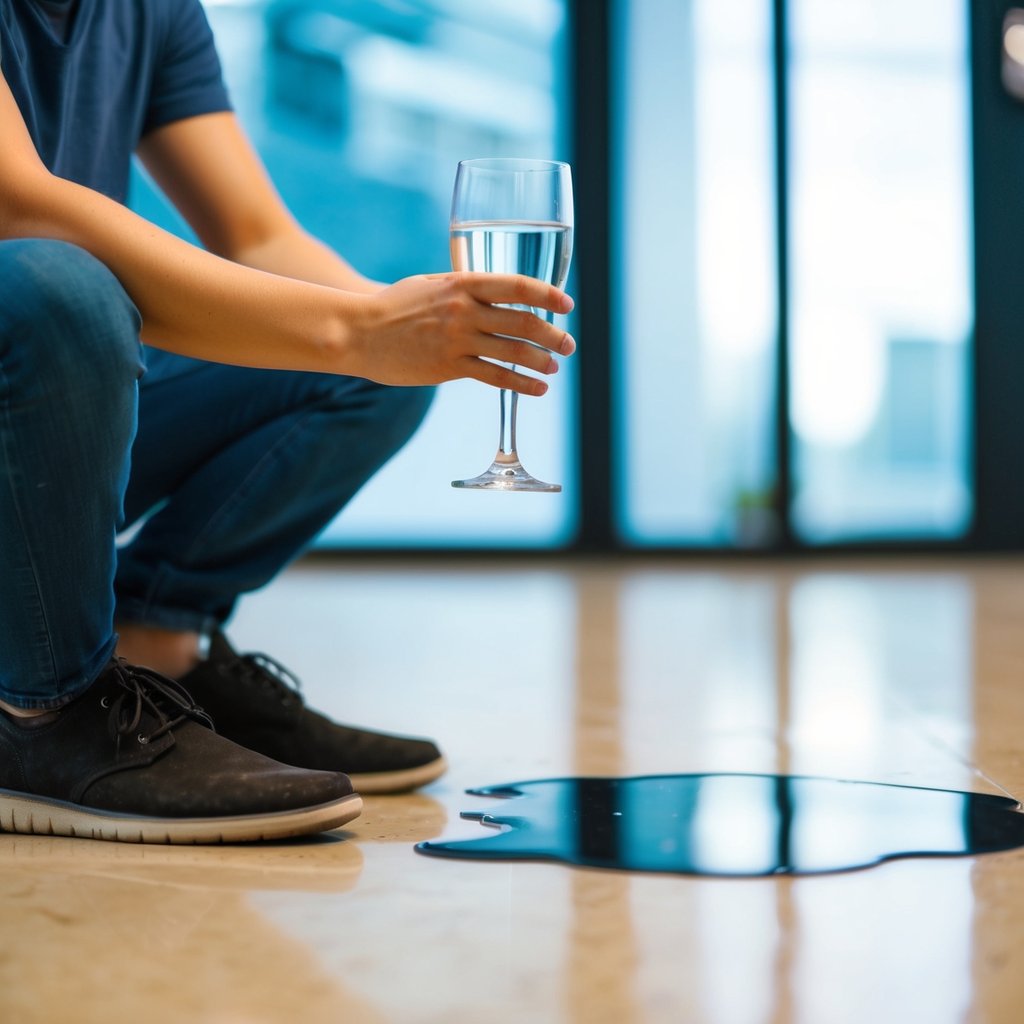 En person, der holder et glas vand, krydser benene med et bekymret udtryk. En pøl af spildt vand på gulvet.